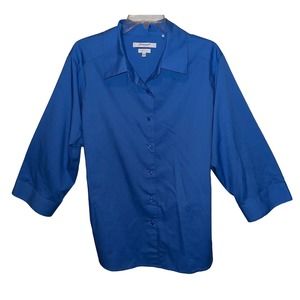 Foxcroft Wrinkle Free Shaped Fit Blouse Shirt Top 3/4 Sleeves Blue Plus Size 20W